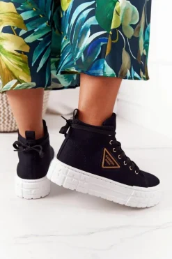 Damskie Wysokie Tenisówki Na Platformie Czarne Manhattan