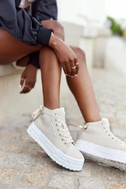 Damskie Wysokie Tenisówki Na Platformie Beżowe Manhattan