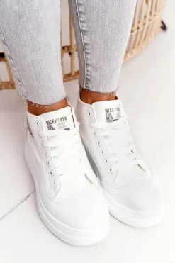 Damskie Wysokie Trampki Na Platformie Białe Nice Girl