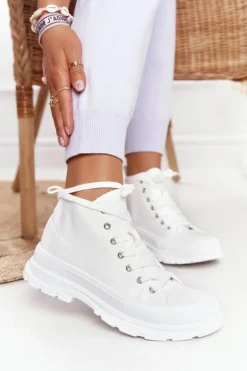 Damskie Wysokie Trampki Na Dużej Podeszwie Białe Trissy