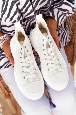 Damskie Wysokie Trampki Na Dużej Podeszwie Białe Trissy