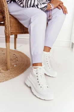 Damskie Wysokie Trampki Na Dużej Podeszwie Białe Trissy