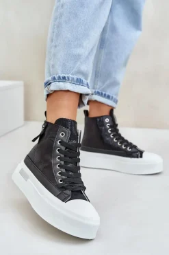 Damskie Wysokie Trampki Na Platformie Czarne Averira