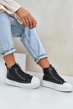 Damskie Wysokie Trampki Na Platformie Czarne Averira