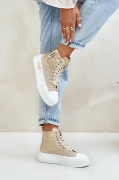 Damskie Wysokie Trampki Na Platformie Beżowo-Złote Averira