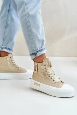 Damskie Wysokie Trampki Na Platformie Beżowo-Złote Averira