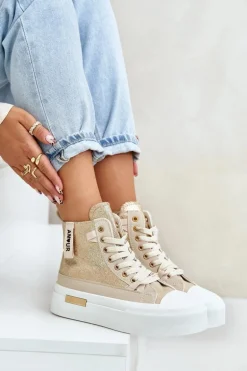 Damskie Wysokie Trampki Na Platformie Beżowo-Złote Averira