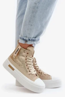 Damskie Wysokie Trampki Na Platformie Beżowo-Złote Averira