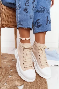 Damskie Wysokie Trampki Na Dużej Podeszwie Beżowo-Białe Trissy