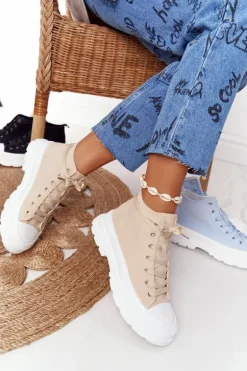 Damskie Wysokie Trampki Na Dużej Podeszwie Beżowo-Białe Trissy