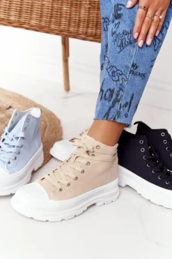 Damskie Wysokie Trampki Na Dużej Podeszwie Beżowo-Białe Trissy