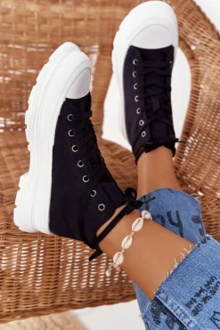 Damskie Wysokie Trampki Na Dużej Podeszwie Czarne Trissy