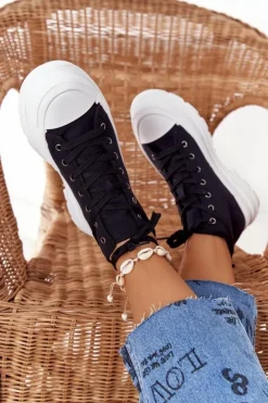 Damskie Wysokie Trampki Na Dużej Podeszwie Czarne Trissy