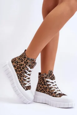 Damskie Wysokie Trampki Wzór Leopard Brązowe Florensi