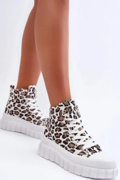 Damskie Wysokie Trampki Wzór Leopard Białe Florensi