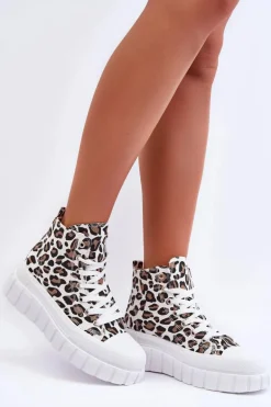 Damskie Wysokie Trampki Wzór Leopard Białe Florensi