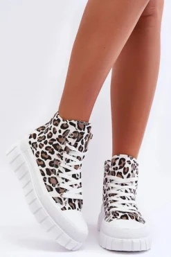 Damskie Wysokie Trampki Wzór Leopard Białe Florensi