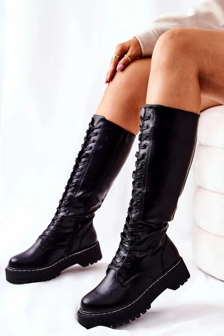 Damskie Wysokie Wiązane Kozaki Czarne Khloe