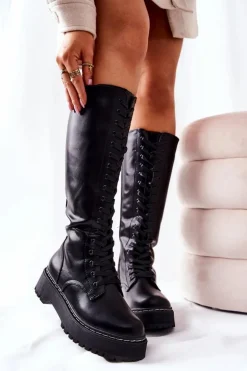 Damskie Wysokie Wiązane Kozaki Czarne Khloe