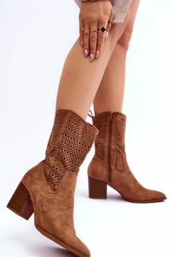 Damskie Wysokie Zamszowe Botki Kowbojki Brązowe Turner