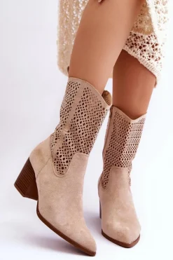 Damskie Wysokie Zamszowe Botki Kowbojki Beżowe Turner