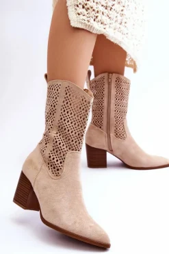 Damskie Wysokie Zamszowe Botki Kowbojki Beżowe Turner