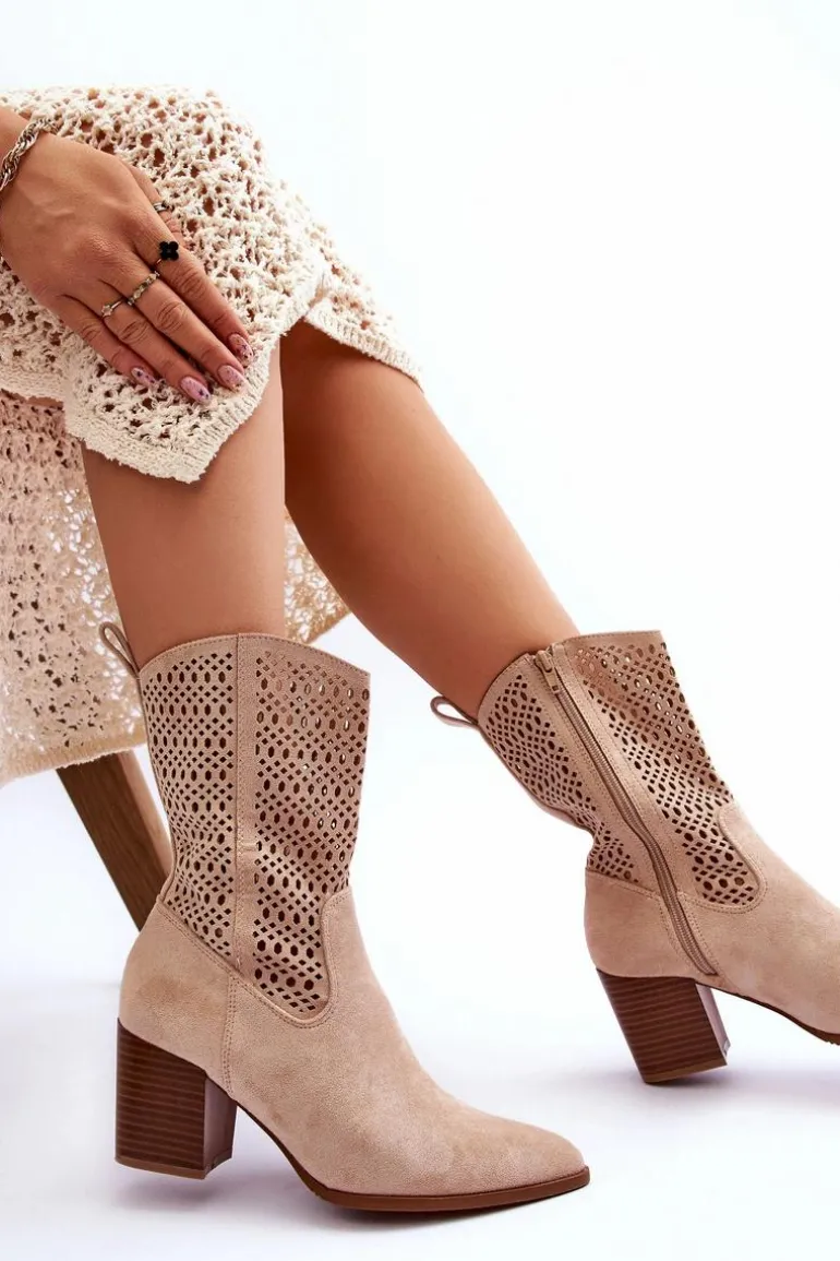 Damskie Wysokie Zamszowe Botki Kowbojki Beżowe Turner