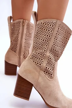 Damskie Wysokie Zamszowe Botki Kowbojki Beżowe Turner