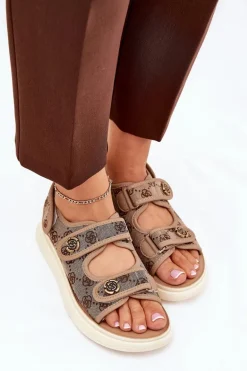 Damskie Wzorzyste Materiałowe Sandały Ze Złotymi Detalami Khaki Pefese