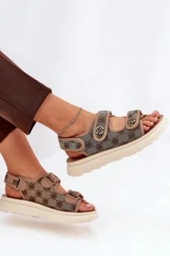 Damskie Wzorzyste Materiałowe Sandały Ze Złotymi Detalami Khaki Pefese