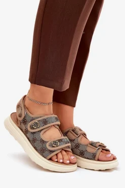 Damskie Wzorzyste Materiałowe Sandały Ze Złotymi Detalami Khaki Pefese