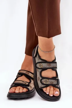 Damskie Wzorzyste Materiałowe Sandały Ze Złotymi Detalami Beżowo-Czarne Pefese