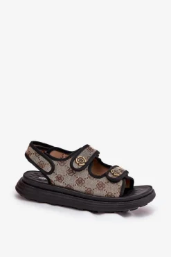 Damskie Wzorzyste Materiałowe Sandały Ze Złotymi Detalami Beżowo-Czarne Pefese