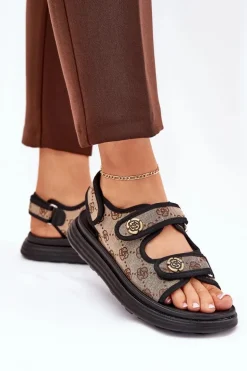 Damskie Wzorzyste Materiałowe Sandały Ze Złotymi Detalami Beżowo-Czarne Pefese