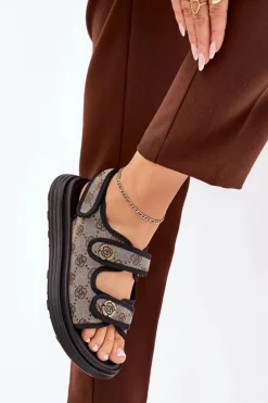 Damskie Wzorzyste Materiałowe Sandały Ze Złotymi Detalami Beżowo-Czarne Pefese