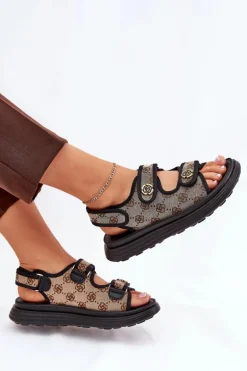 Damskie Wzorzyste Materiałowe Sandały Ze Złotymi Detalami Beżowo-Czarne Pefese