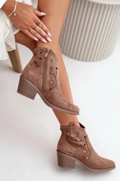 Damskie Zamszowe Ażurowe Botki Kowbojki Brązowe S.Barski HY42-086