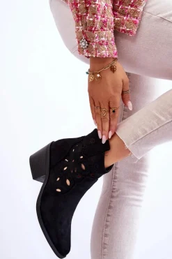 Damskie Zamszowe Ażurowe Botki Kowbojki Czarne S.Barski HY42-086