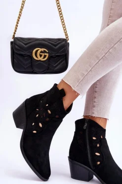 Damskie Zamszowe Ażurowe Botki Kowbojki Czarne S.Barski HY42-086