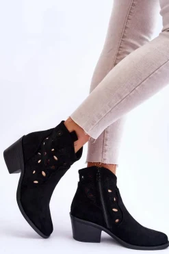 Damskie Zamszowe Ażurowe Botki Kowbojki Czarne S.Barski HY42-086