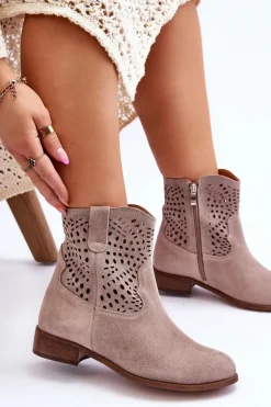 Damskie Zamszowe Ażurowe Botki Lewski Shoes 3301 Cappuccino