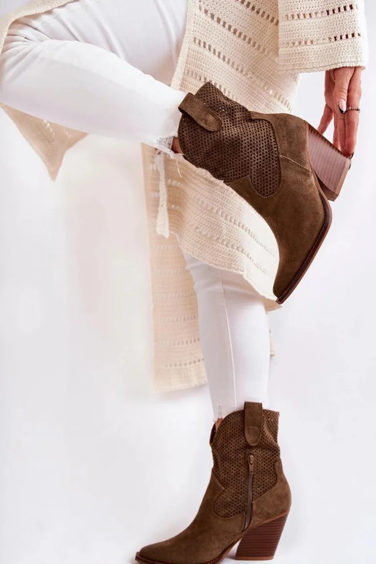 Damskie Zamszowe Ażurowe Botki Kowbojki Khaki Eleonore