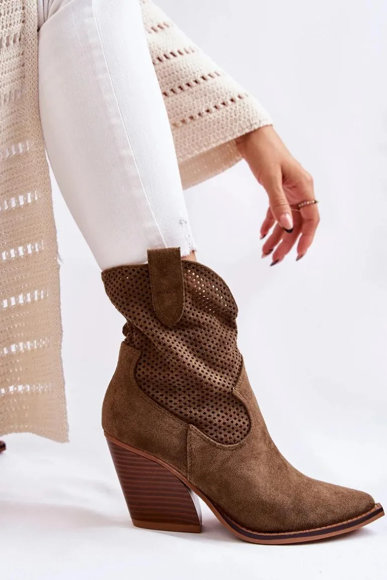 Damskie Zamszowe Ażurowe Botki Kowbojki Khaki Eleonore