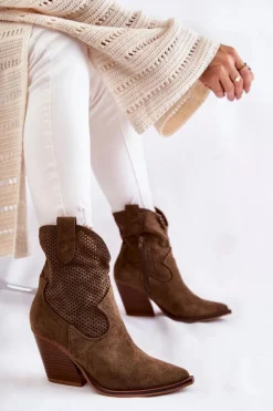 Damskie Zamszowe Ażurowe Botki Kowbojki Khaki Eleonore