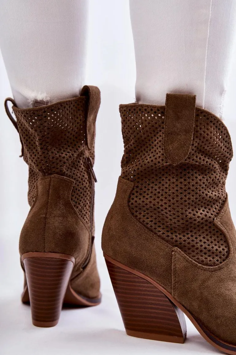Damskie Zamszowe Ażurowe Botki Kowbojki Khaki Eleonore