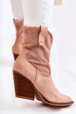 Damskie Zamszowe Ażurowe Botki Kowbojki Różowe Eleonore