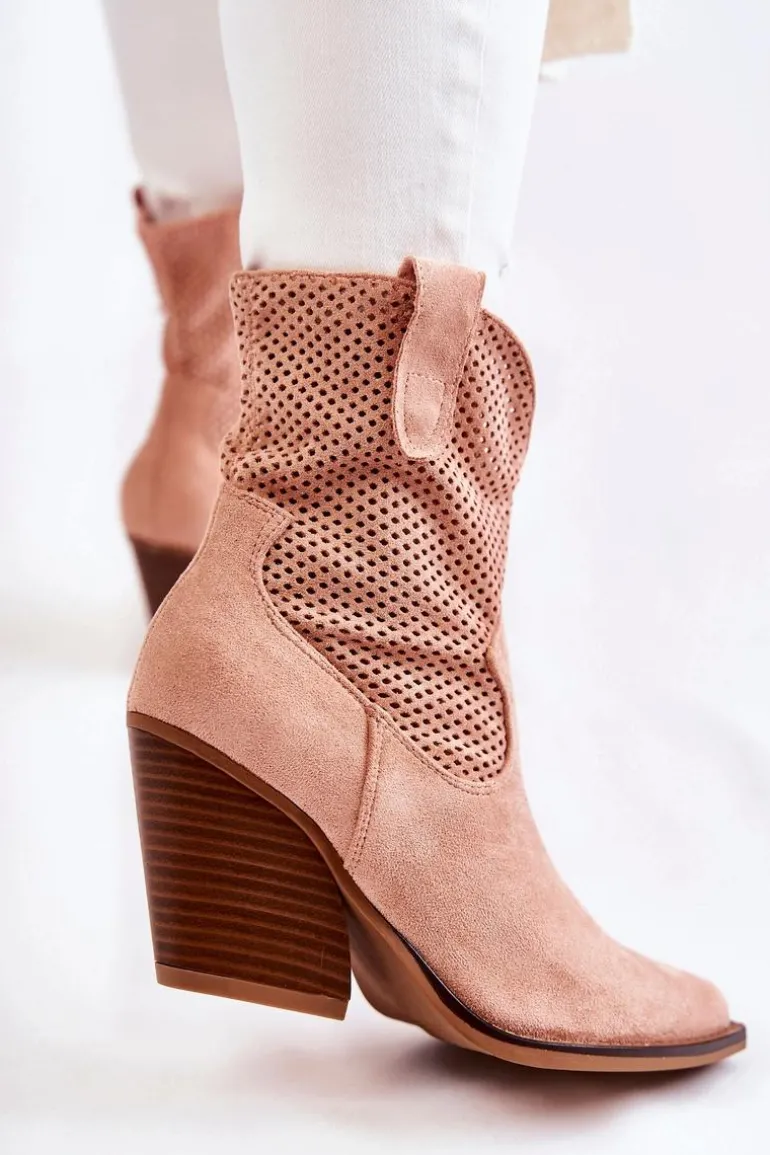 Damskie Zamszowe Ażurowe Botki Kowbojki Różowe Eleonore