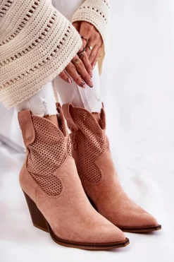 Damskie Zamszowe Ażurowe Botki Kowbojki Różowe Eleonore