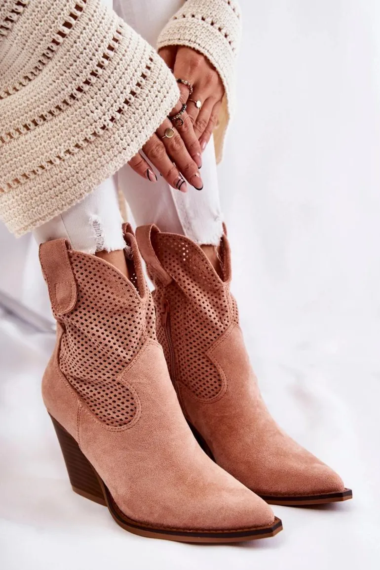 Damskie Zamszowe Ażurowe Botki Kowbojki Różowe Eleonore