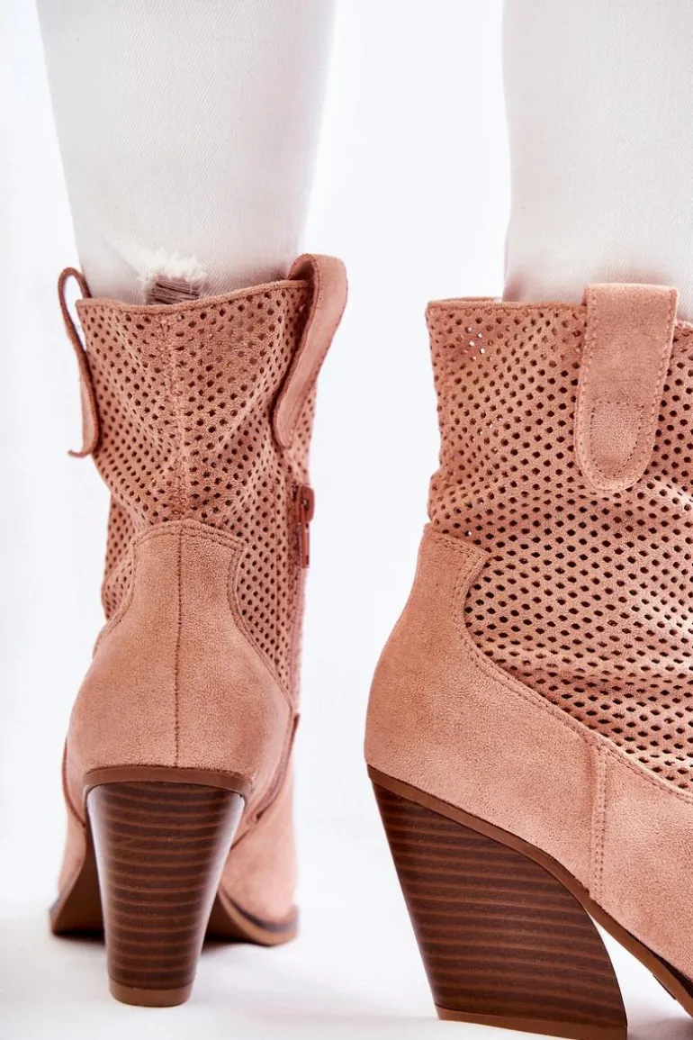 Damskie Zamszowe Ażurowe Botki Kowbojki Różowe Eleonore